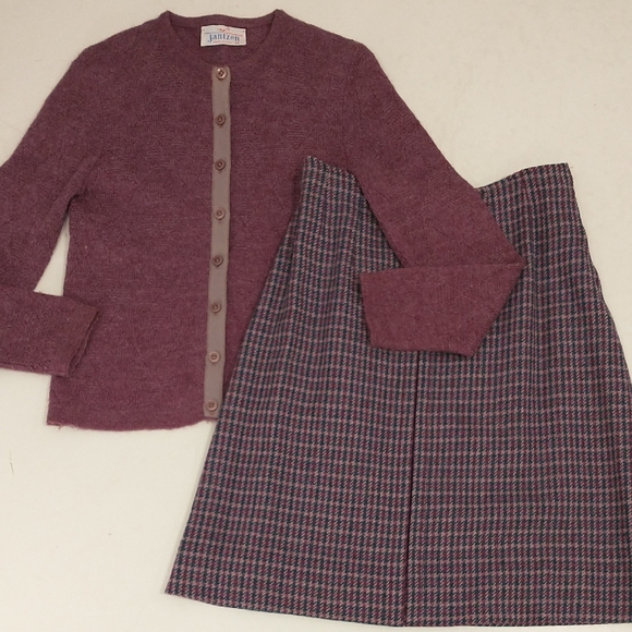 Jantzen Dresses & Skirts - Jantzen Vintage Wool Set Cardigan Sweater Plaid Check Skirt Plum 60s Classic